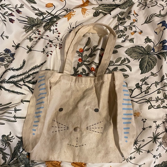 Cute Bunny Canvas Tote with Blue Stripes - Picture 1 of 4